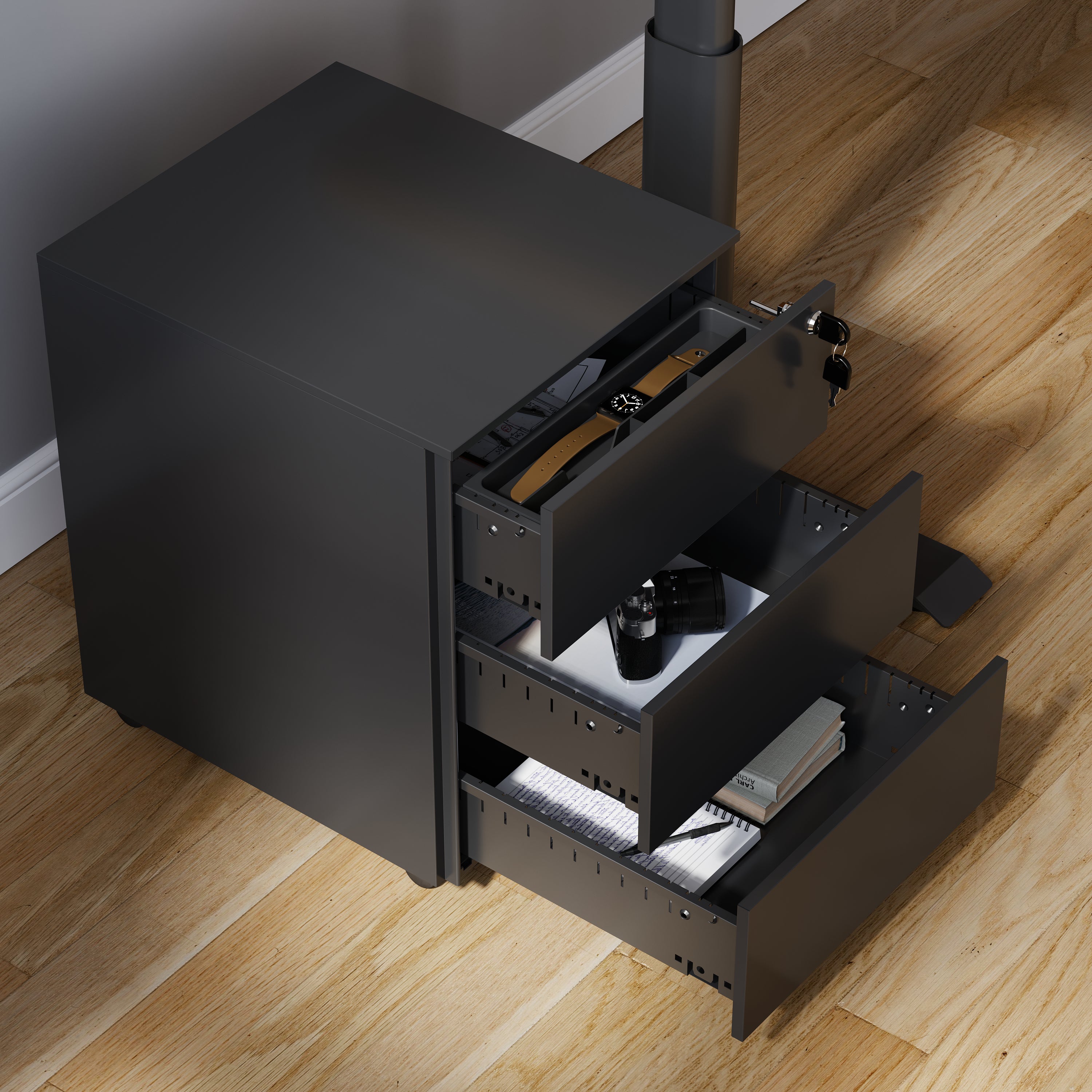 Alt-Text: FlexiSpot Büro-Rollcontainer RC2 in Schwarz mit abschließbaren Schubladen