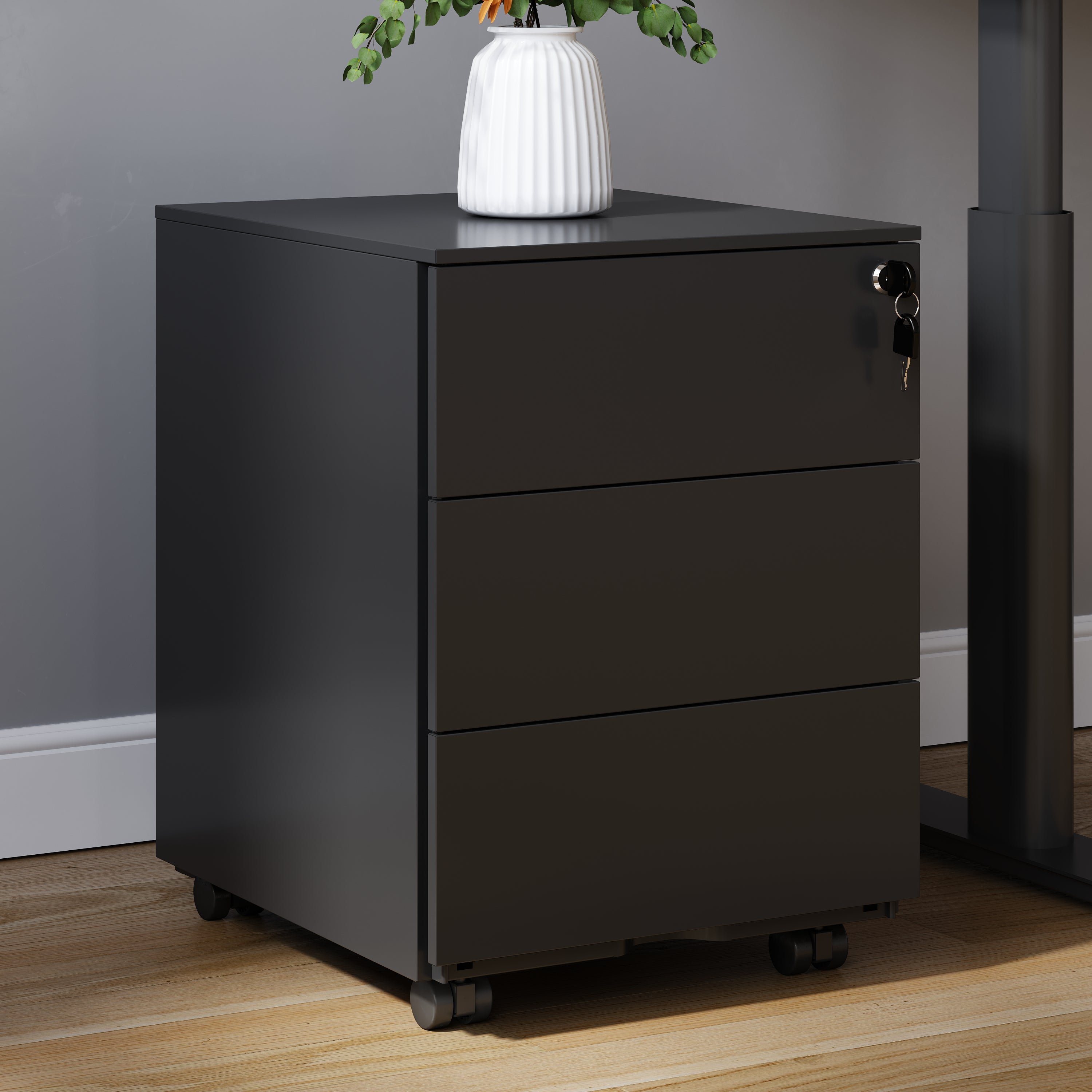 Alt-Text: FlexiSpot Büro-Rollcontainer RC2 in Schwarz mit drei Schubladen