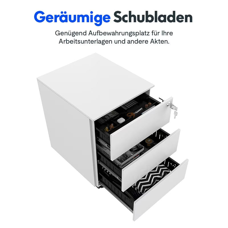 Alt-Text: FlexiSpot Büro-Rollcontainer RC2 in Weiß mit ergonomischen Griffleisten