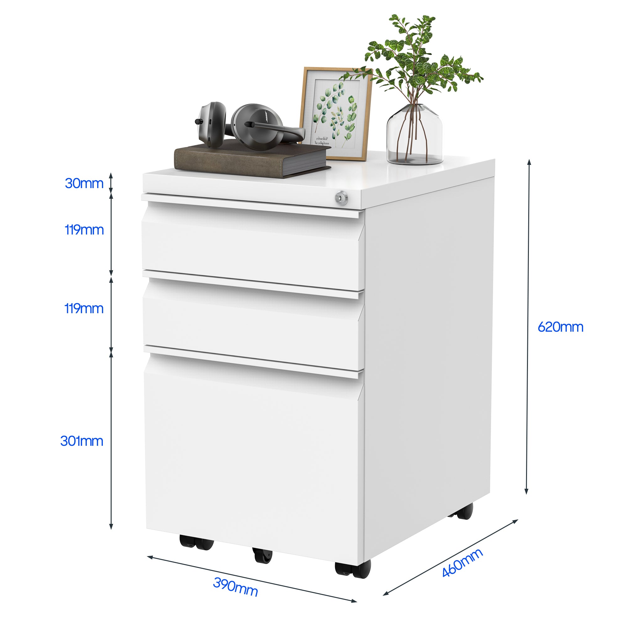 FlexiSpot Büro-Rollcontainer RC3 in Weiß mit Soft-Close-Funktion