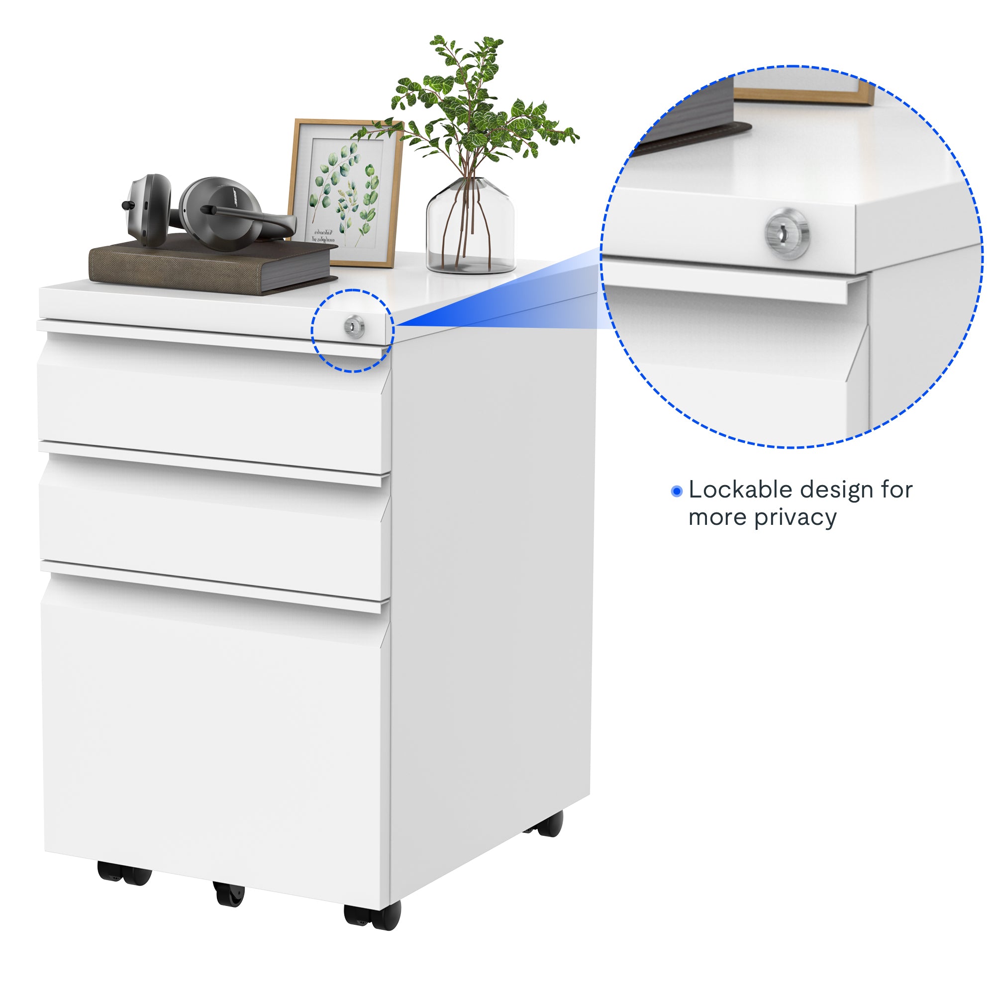 FlexiSpot Büro-Rollcontainer RC3 in Weiß mit seitlichen Griffleisten