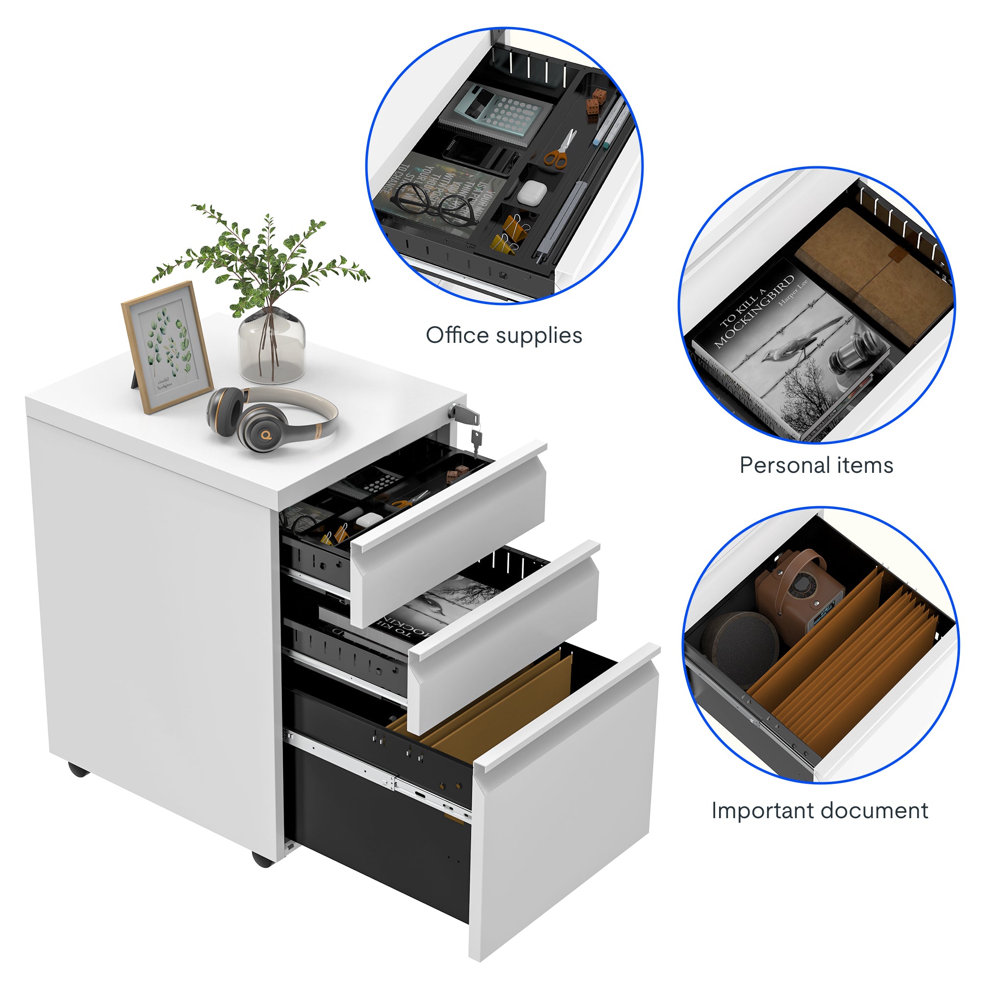 FlexiSpot Büro-Rollcontainer RC3 in Weiß mit abschließbaren Schubladen