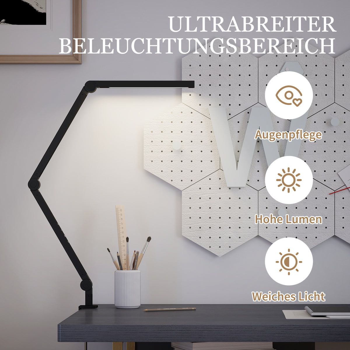 LED Schreibtischlampe mit Klemme &amp; 1,2 m Arm, Schwarz – Ergonomische Arbeitsplatzbeleuchtung