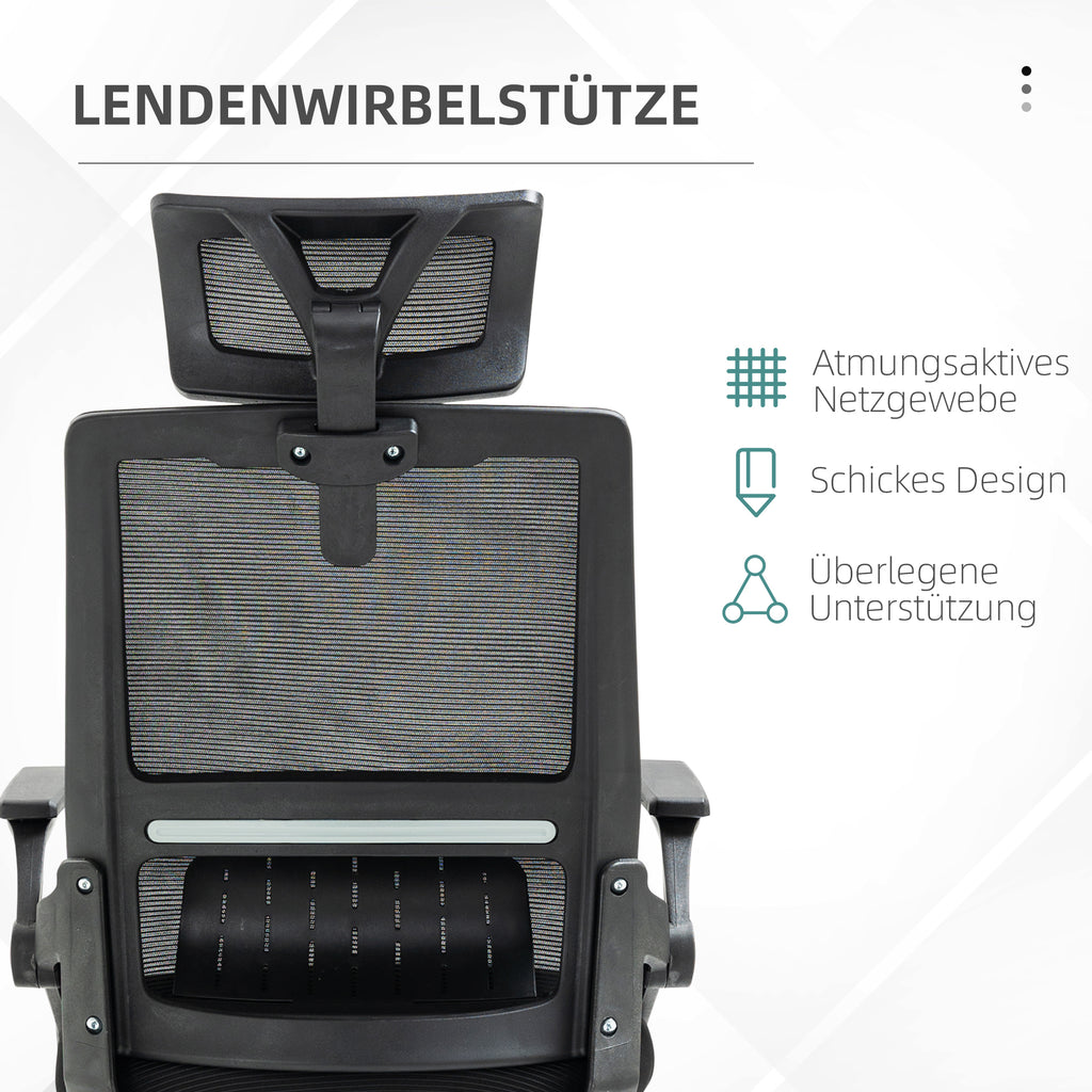 Ergonomischer Bürostuhl mit verstellbarer Kopfstütze &amp; Lendenwirbelstütze, Schwarz – Atmungsaktives Mesh