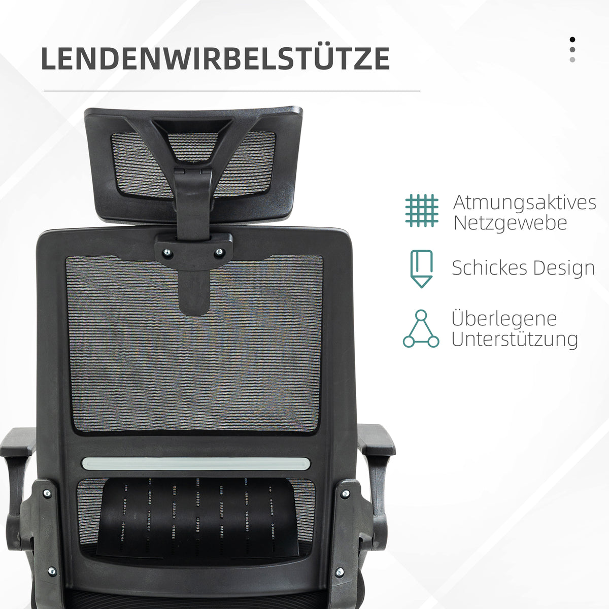 Ergonomischer Bürostuhl mit verstellbarer Kopfstütze &amp; Lendenwirbelstütze, Schwarz – Atmungsaktives Mesh