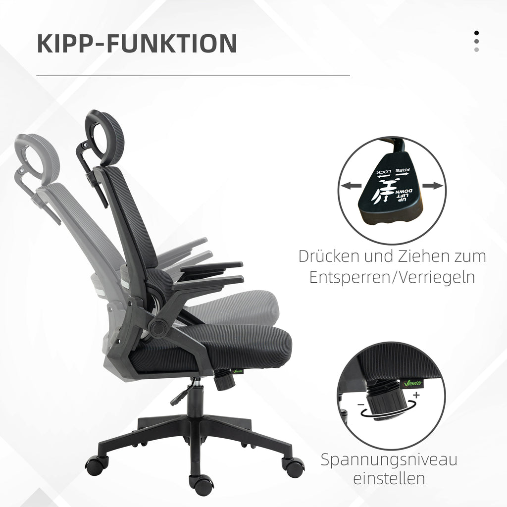 Ergonomischer Bürostuhl mit verstellbarer Kopfstütze &amp; Lendenwirbelstütze, Schwarz – Atmungsaktives Mesh