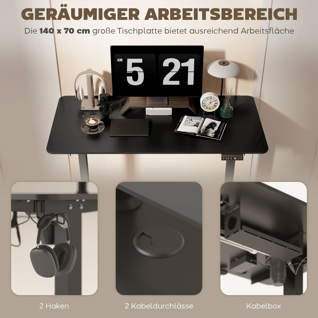 Elektrischer Stehpult 140x70 cm, Höhenverstellbar, Schwarz – Ergonomischer Computertisch mit Kabelmanagement
