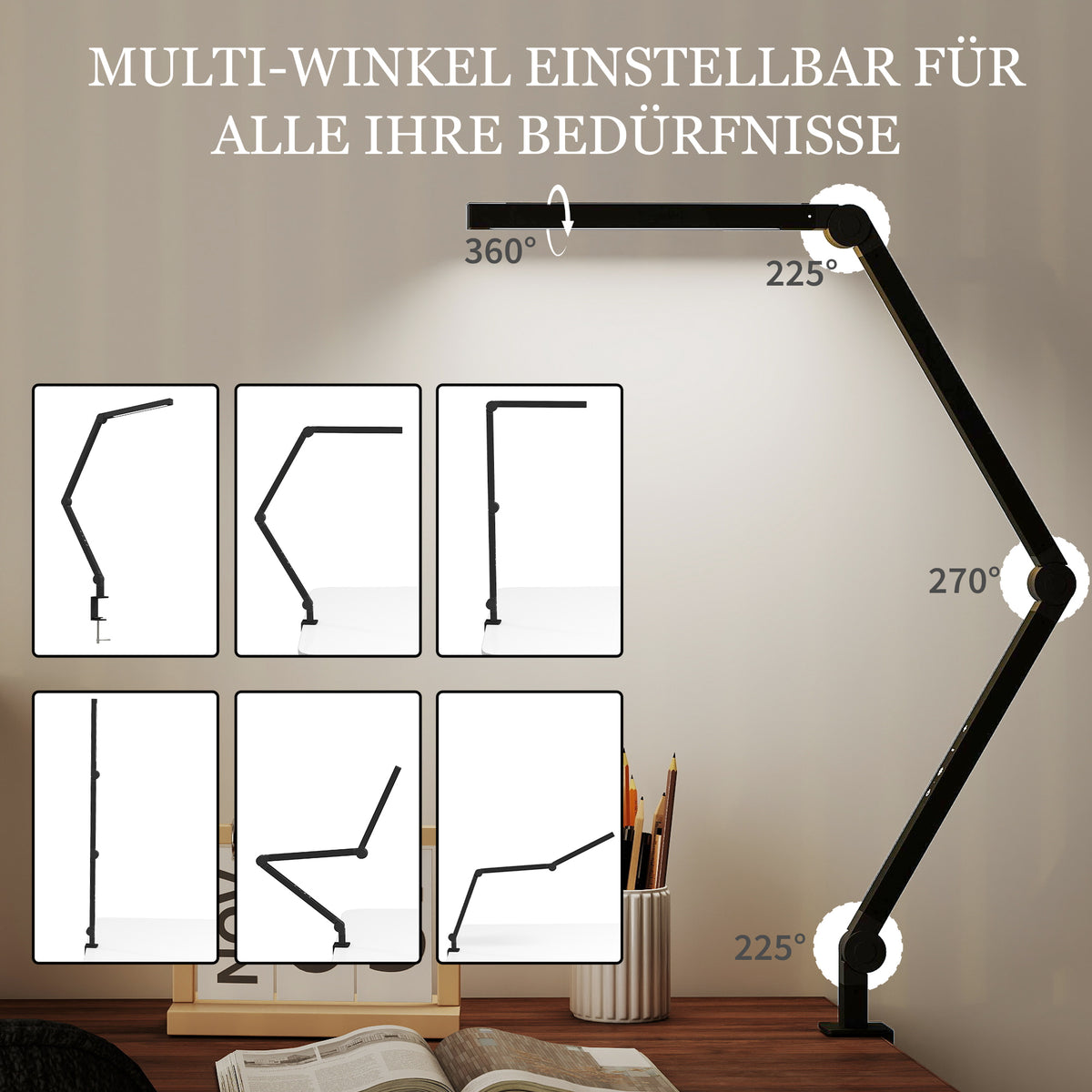 LED Schreibtischlampe mit Klemme &amp; 1,2 m Arm, Schwarz – Ergonomische Arbeitsplatzbeleuchtung