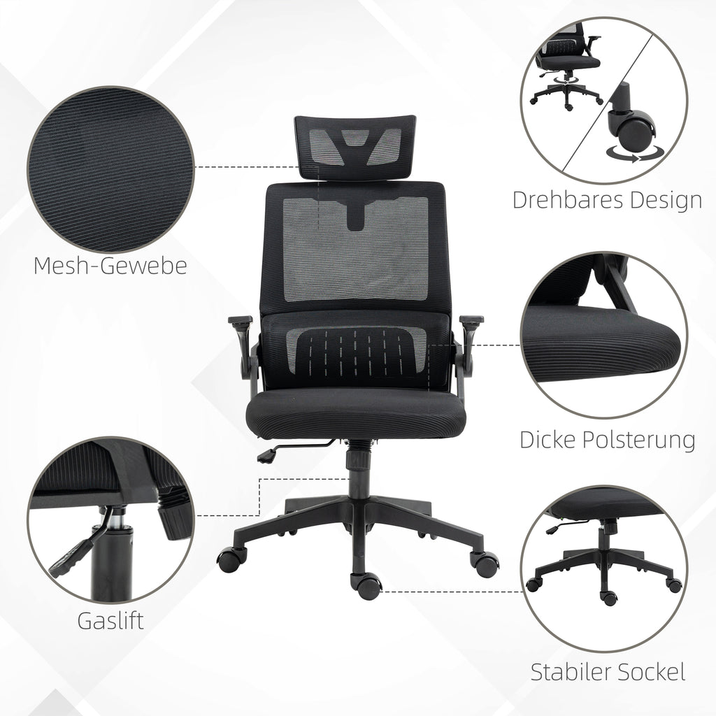 Ergonomischer Bürostuhl mit verstellbarer Kopfstütze &amp; Lendenwirbelstütze, Schwarz – Atmungsaktives Mesh