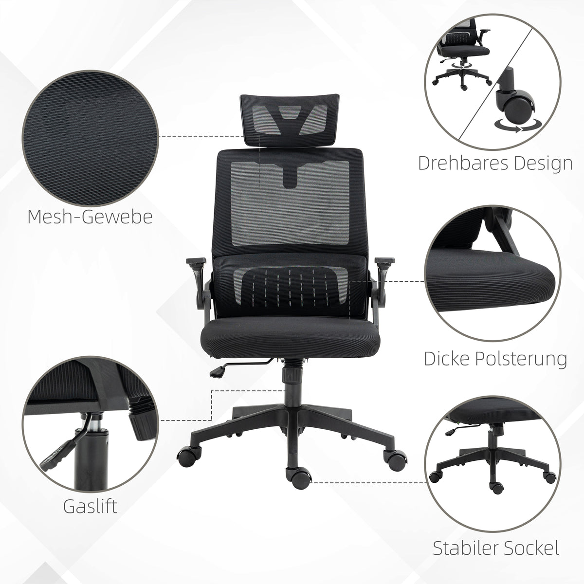 Ergonomischer Bürostuhl mit verstellbarer Kopfstütze &amp; Lendenwirbelstütze, Schwarz – Atmungsaktives Mesh