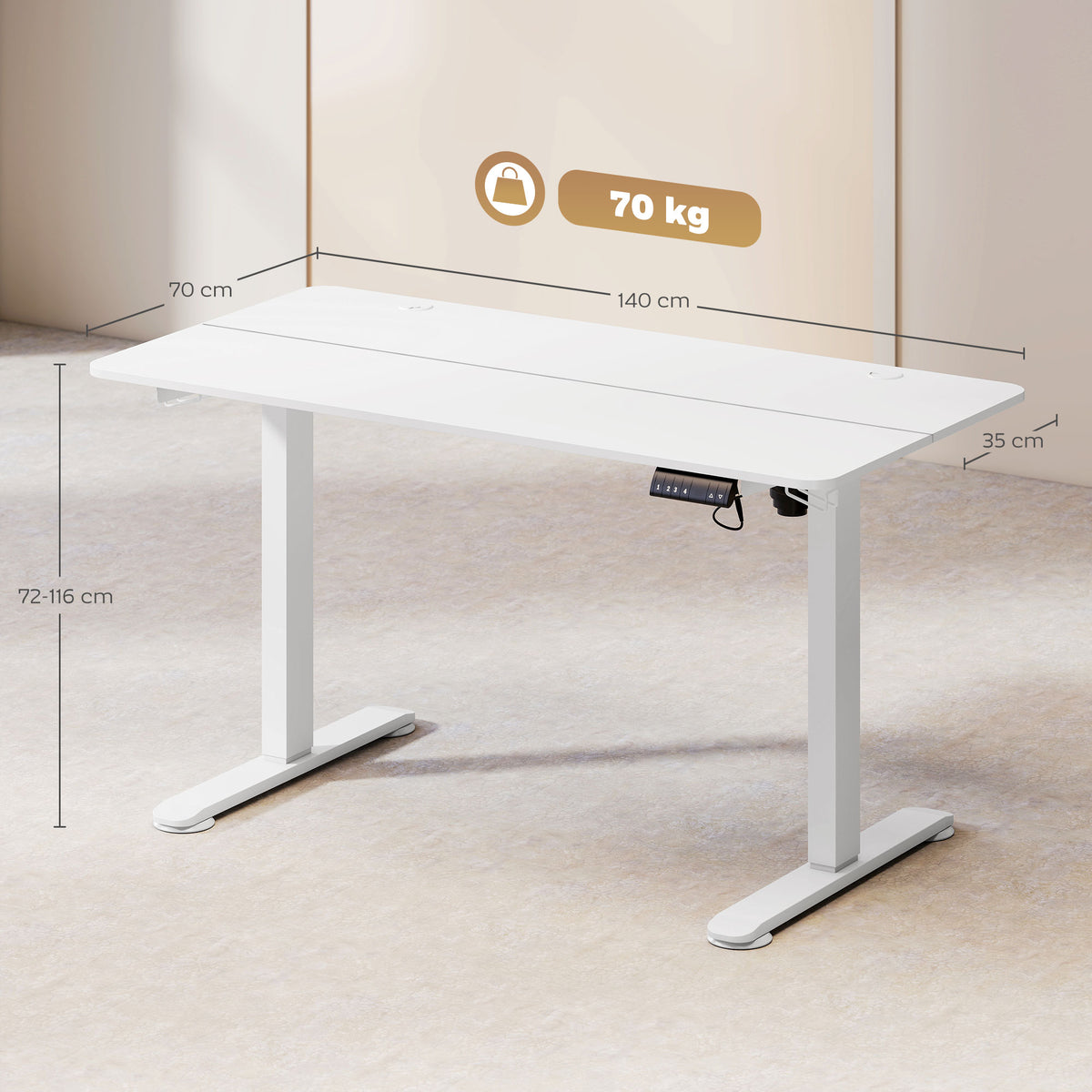 Elektrischer Stehpult 140x70 cm, Höhenverstellbar, Weiß – Ergonomischer Computertisch mit Kabelmanagement