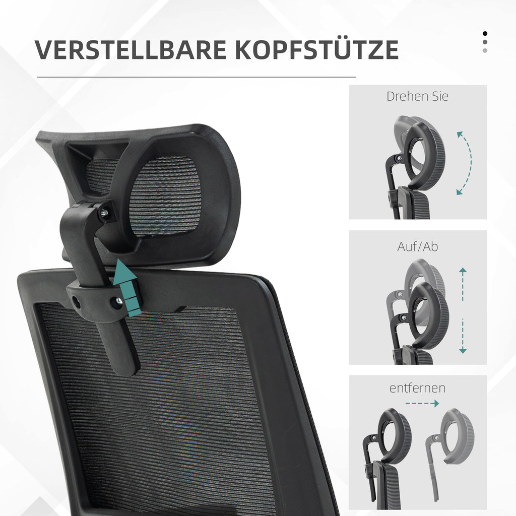 Ergonomischer Bürostuhl mit verstellbarer Kopfstütze &amp; Lendenwirbelstütze, Schwarz – Atmungsaktives Mesh